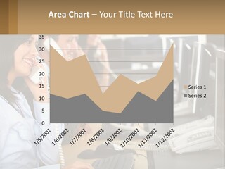 A Group Of People Sitting At A Desk Talking On Telephones PowerPoint Template
