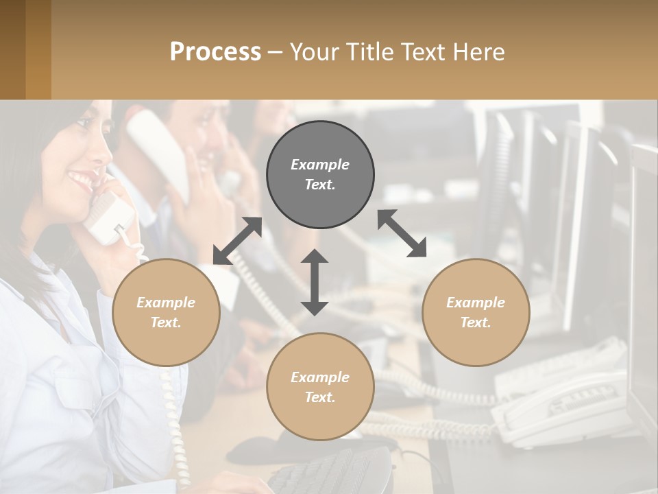 A Group Of People Sitting At A Desk Talking On Telephones PowerPoint Template