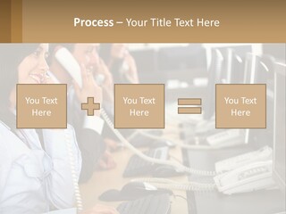 A Group Of People Sitting At A Desk Talking On Telephones PowerPoint Template