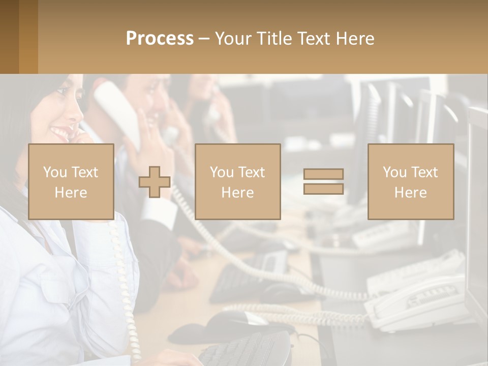 A Group Of People Sitting At A Desk Talking On Telephones PowerPoint Template