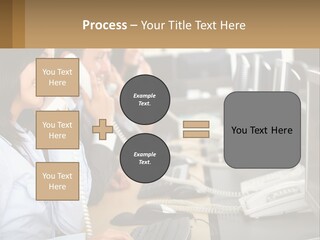 A Group Of People Sitting At A Desk Talking On Telephones PowerPoint Template
