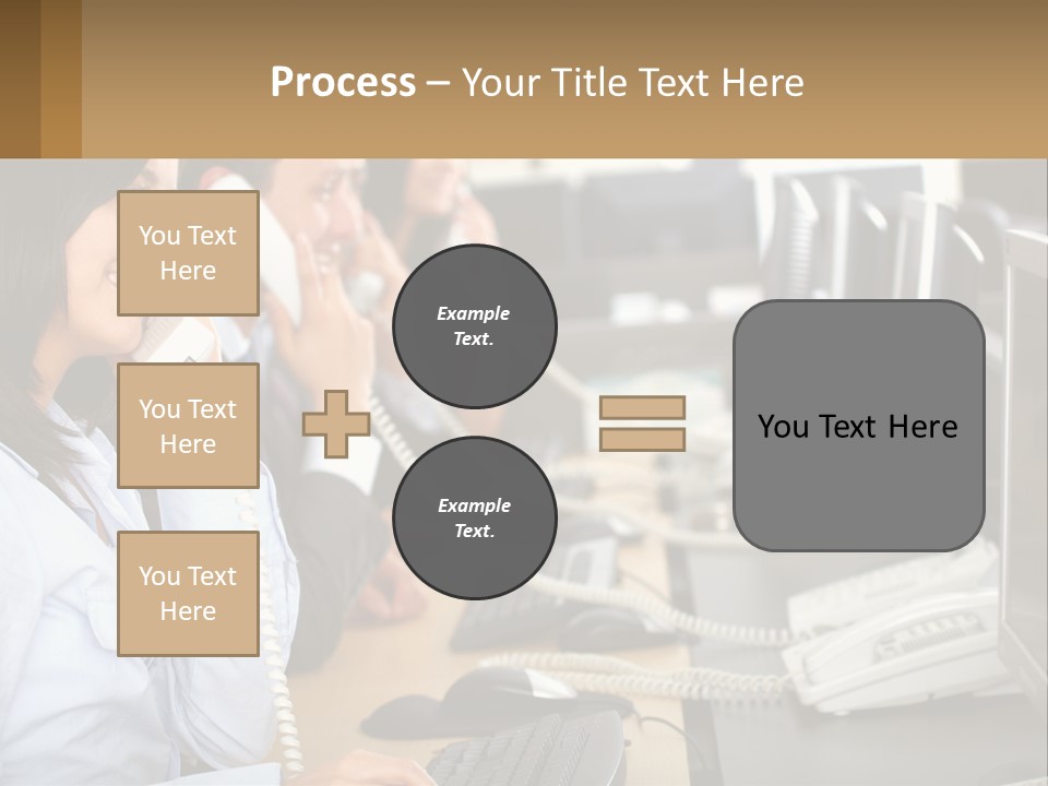 A Group Of People Sitting At A Desk Talking On Telephones PowerPoint Template