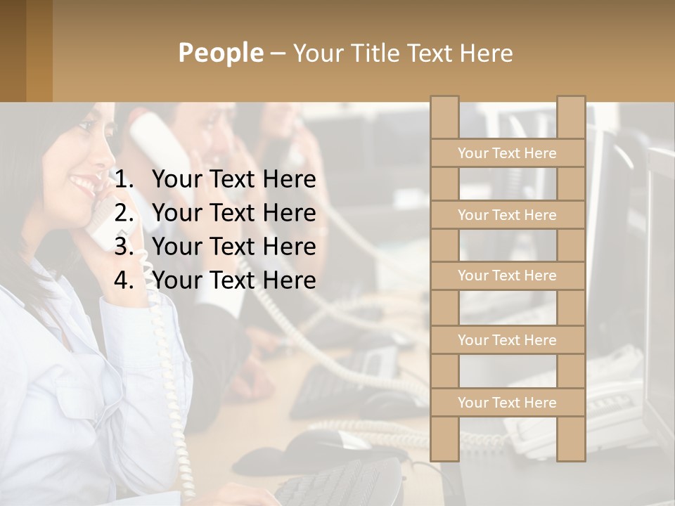 A Group Of People Sitting At A Desk Talking On Telephones PowerPoint Template