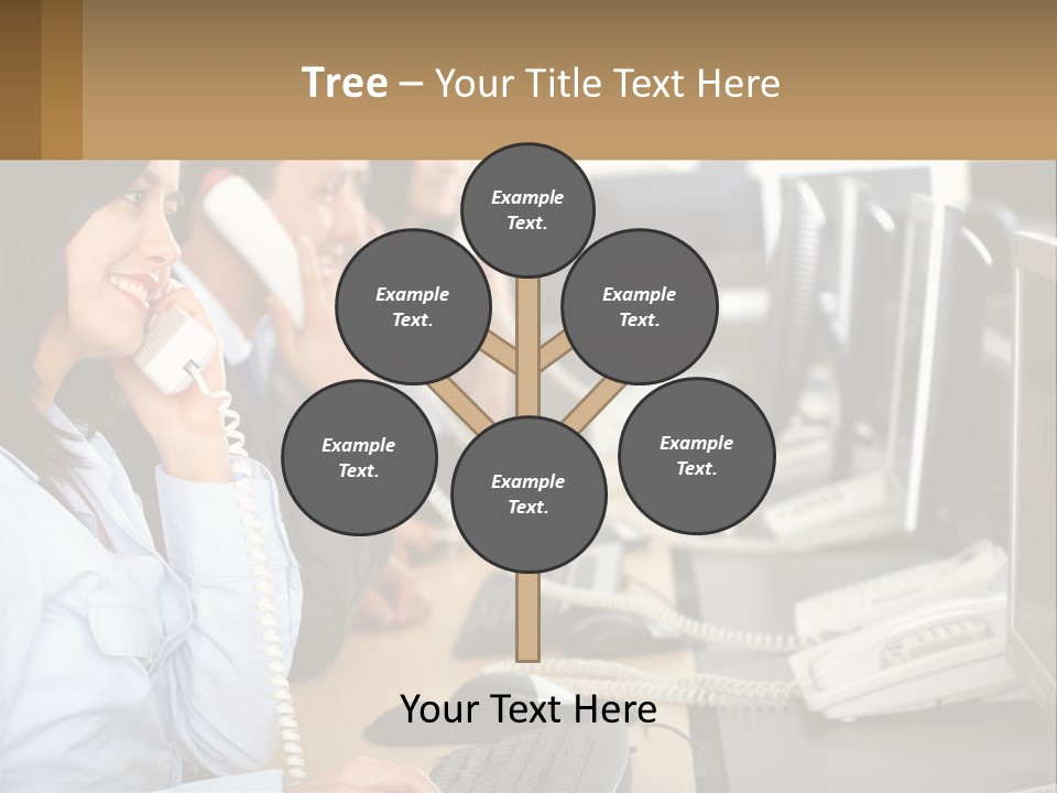 A Group Of People Sitting At A Desk Talking On Telephones PowerPoint Template