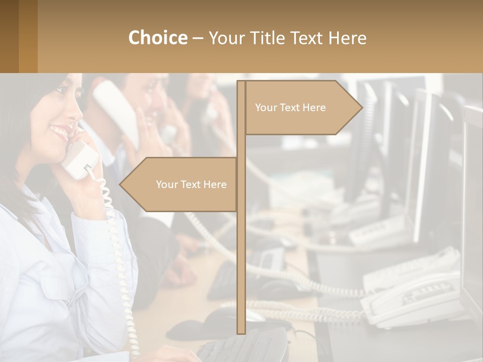 A Group Of People Sitting At A Desk Talking On Telephones PowerPoint Template