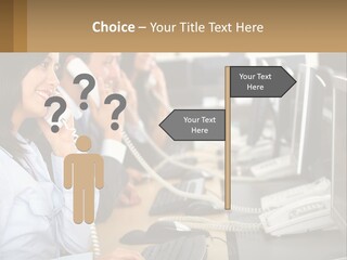 A Group Of People Sitting At A Desk Talking On Telephones PowerPoint Template
