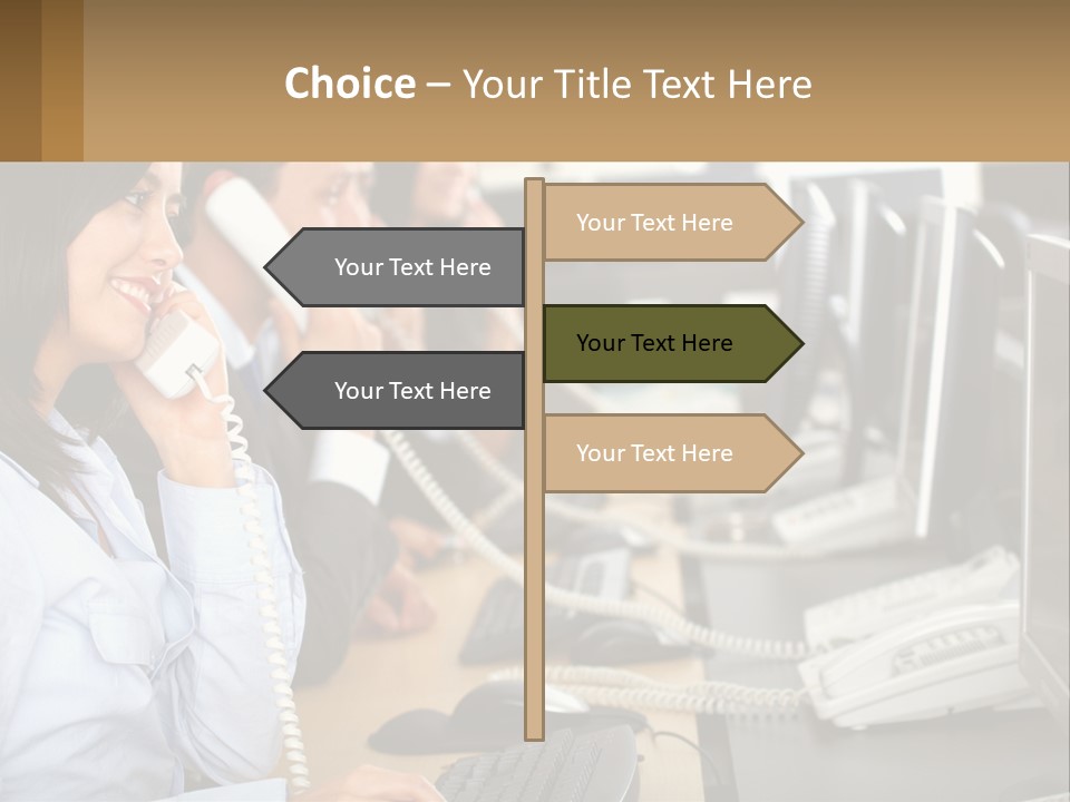 A Group Of People Sitting At A Desk Talking On Telephones PowerPoint Template