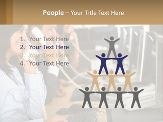 A Group Of People Sitting At A Desk Talking On Telephones PowerPoint Template