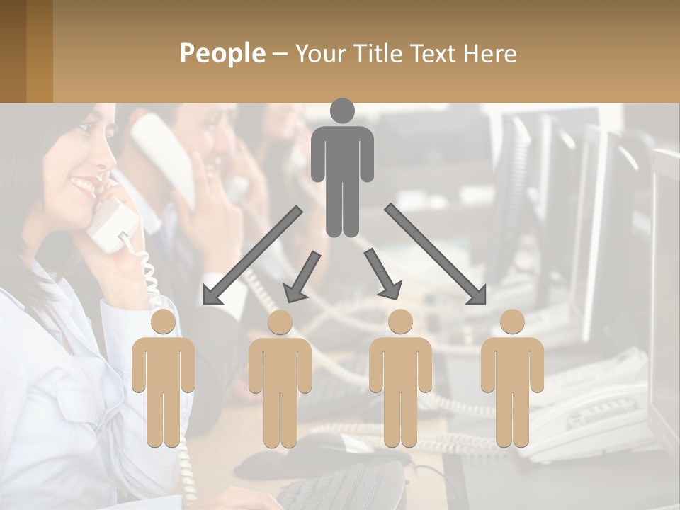 A Group Of People Sitting At A Desk Talking On Telephones PowerPoint Template
