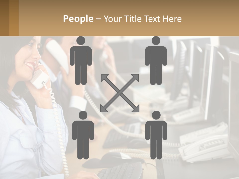 A Group Of People Sitting At A Desk Talking On Telephones PowerPoint Template