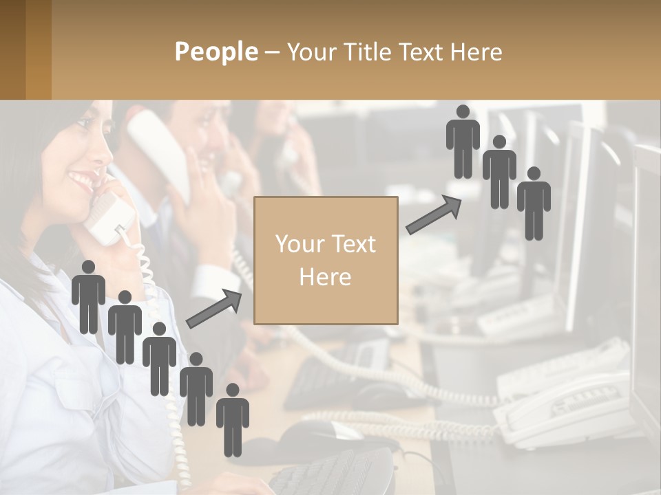 A Group Of People Sitting At A Desk Talking On Telephones PowerPoint Template
