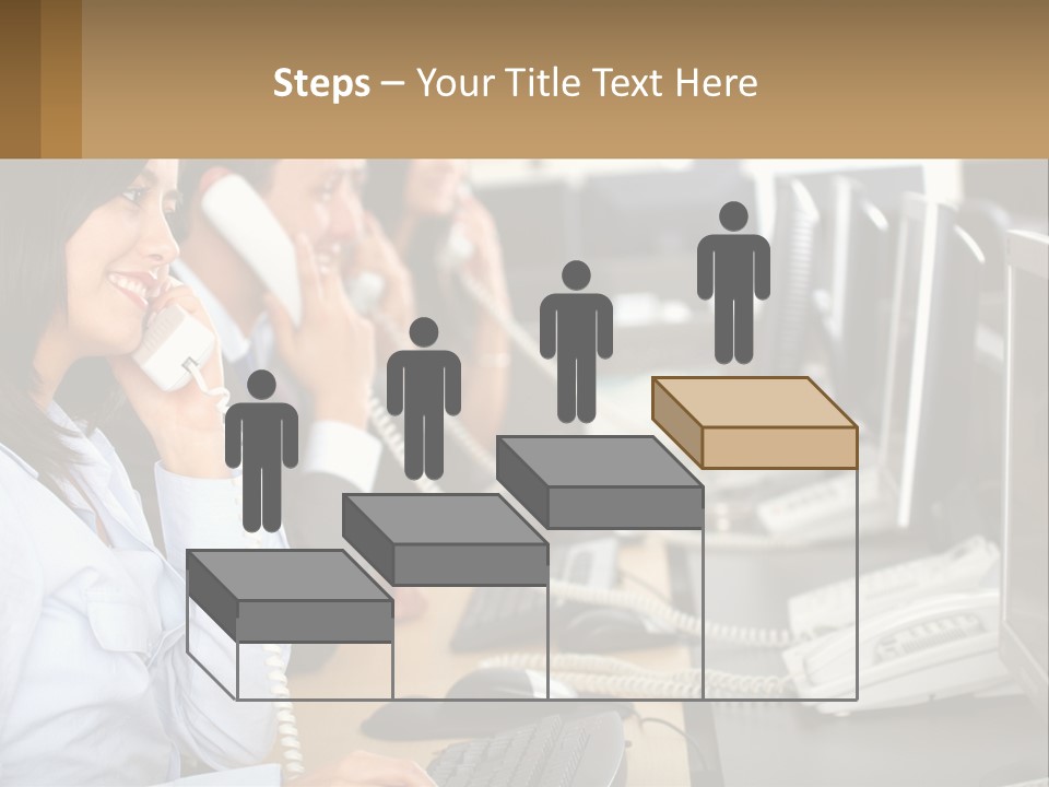 A Group Of People Sitting At A Desk Talking On Telephones PowerPoint Template