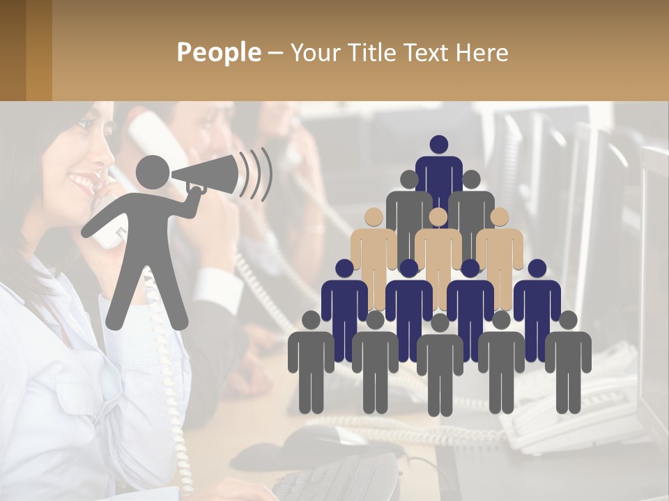 A Group Of People Sitting At A Desk Talking On Telephones PowerPoint Template