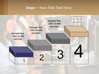 A Group Of People Sitting At A Desk Talking On Telephones PowerPoint Template
