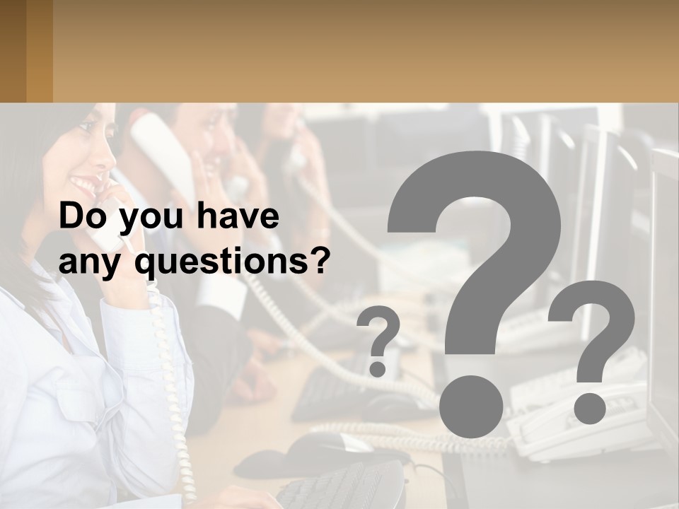 A Group Of People Sitting At A Desk Talking On Telephones PowerPoint Template