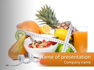 A Bowl Of Fruit And A Measuring Tape With A Glass Of Orange Juice PowerPoint Template
