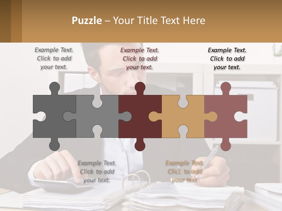 A Man Sitting At A Desk Writing On A Piece Of Paper PowerPoint Template