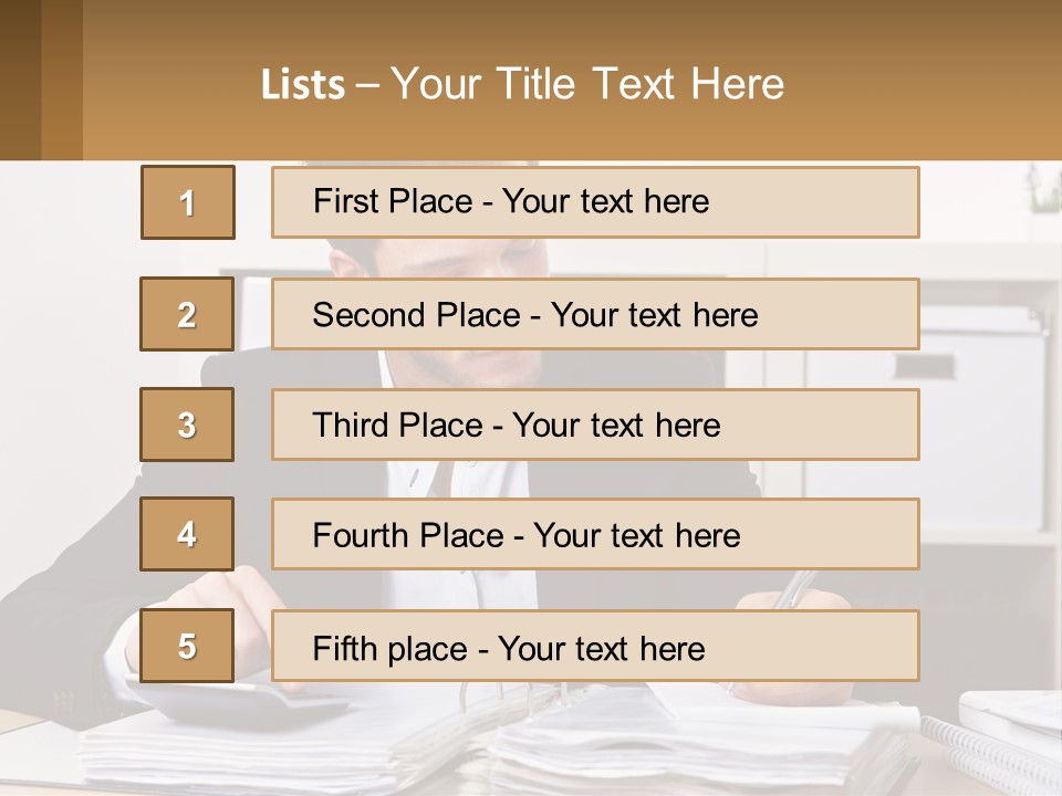 A Man Sitting At A Desk Writing On A Piece Of Paper PowerPoint Template