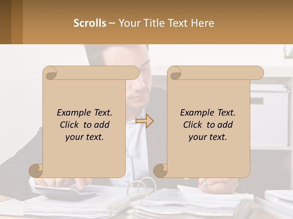 A Man Sitting At A Desk Writing On A Piece Of Paper PowerPoint Template