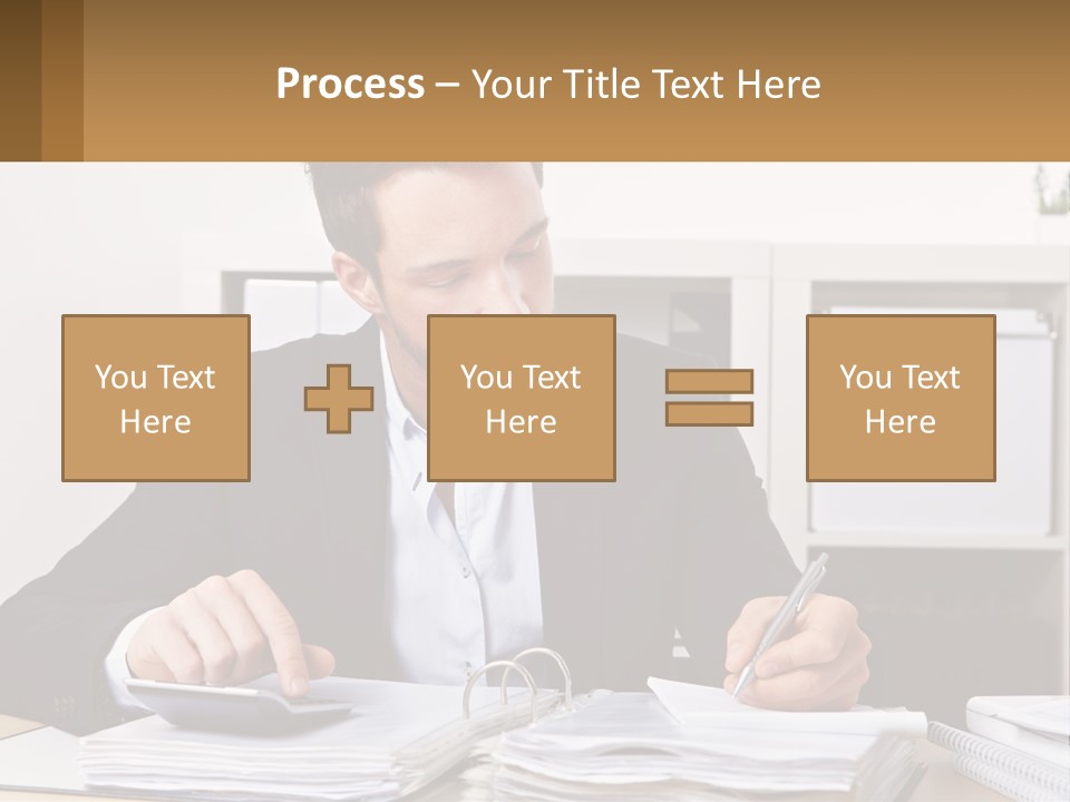 A Man Sitting At A Desk Writing On A Piece Of Paper PowerPoint Template
