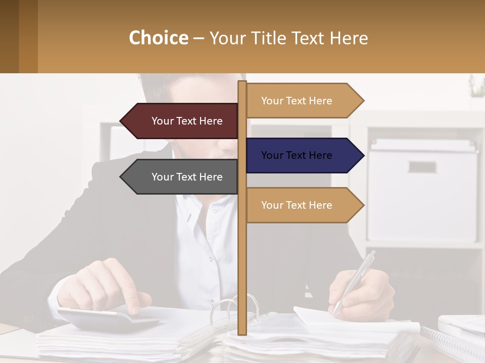 A Man Sitting At A Desk Writing On A Piece Of Paper PowerPoint Template