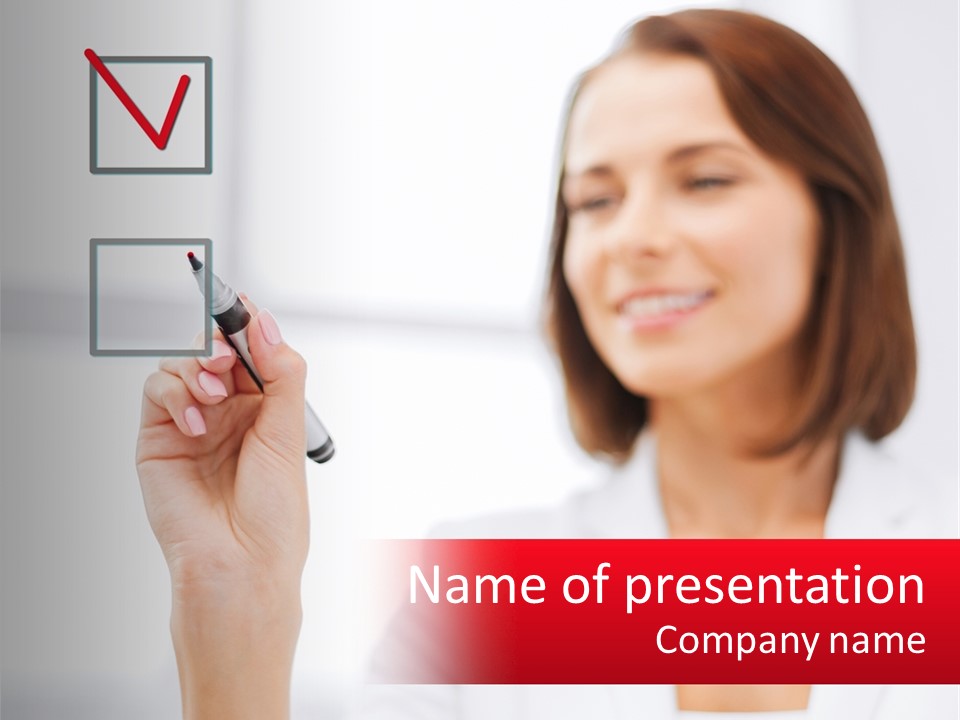 A Woman Writing A Check Mark On A Screen PowerPoint Template