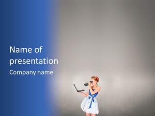 A Woman In A Dress Holding A Laptop Computer PowerPoint Template