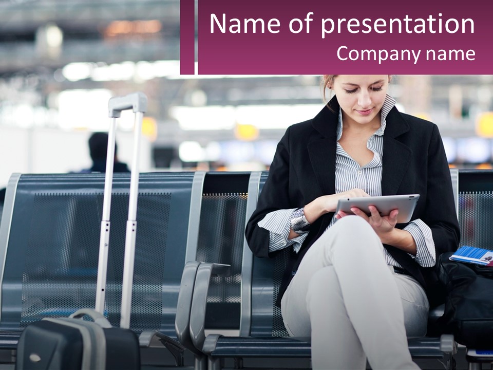 A Woman Sitting On A Bench With A Tablet PowerPoint Template