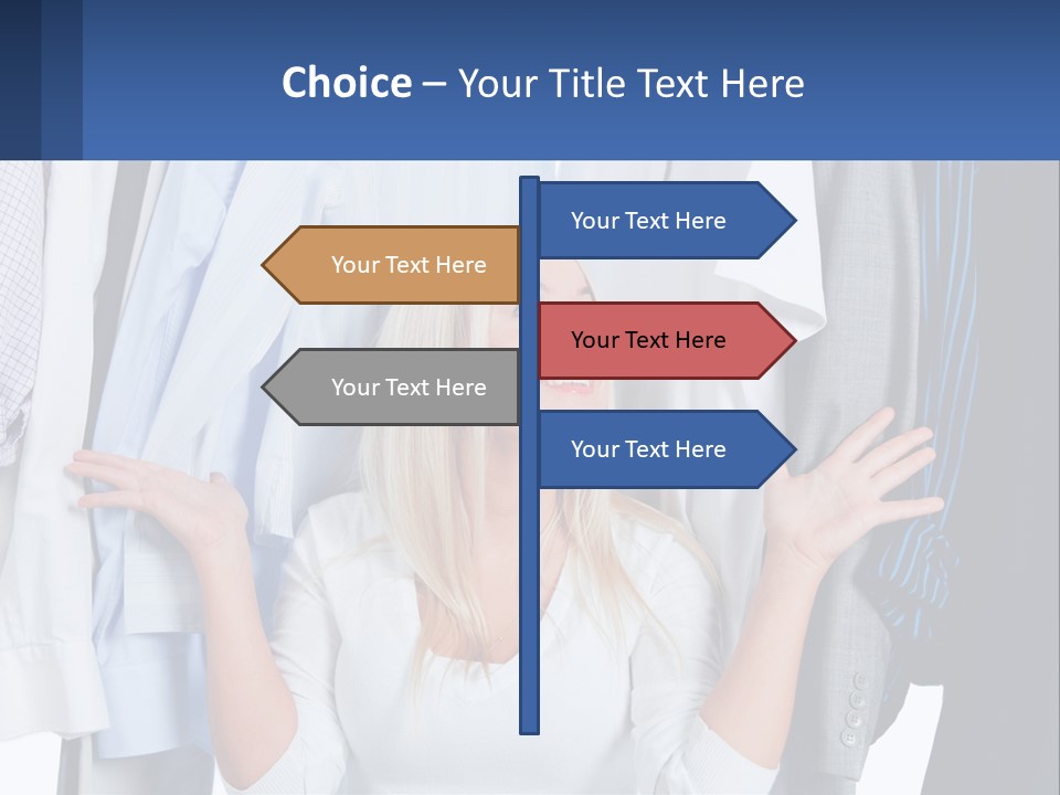 A Woman Standing In Front Of A Rack Of Shirts PowerPoint Template