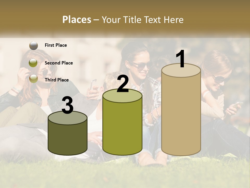 A Group Of People Sitting On The Grass Looking At Their Cell Phones PowerPoint Template