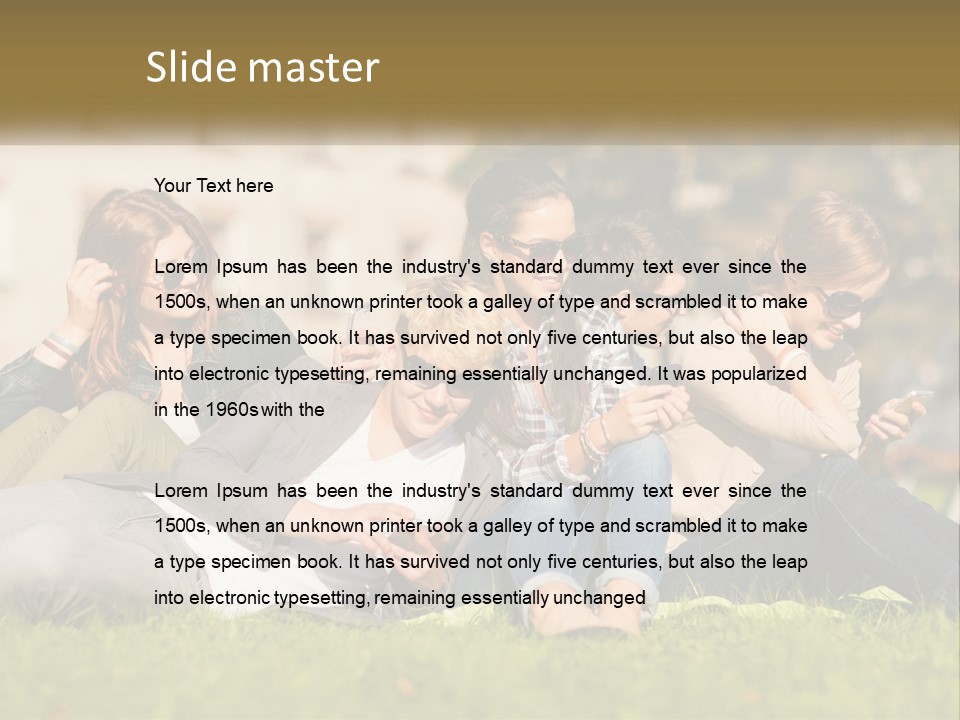 A Group Of People Sitting On The Grass Looking At Their Cell Phones PowerPoint Template