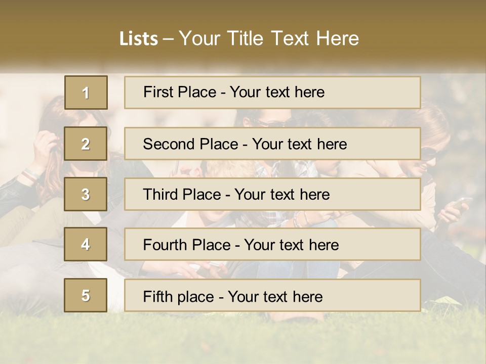 A Group Of People Sitting On The Grass Looking At Their Cell Phones PowerPoint Template