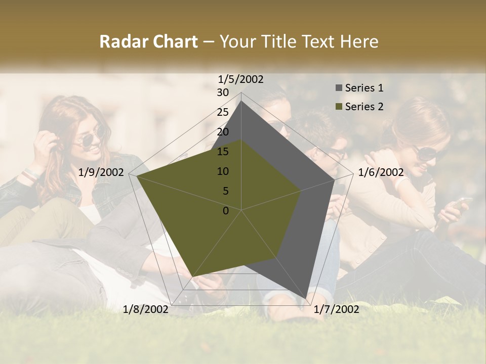 A Group Of People Sitting On The Grass Looking At Their Cell Phones PowerPoint Template
