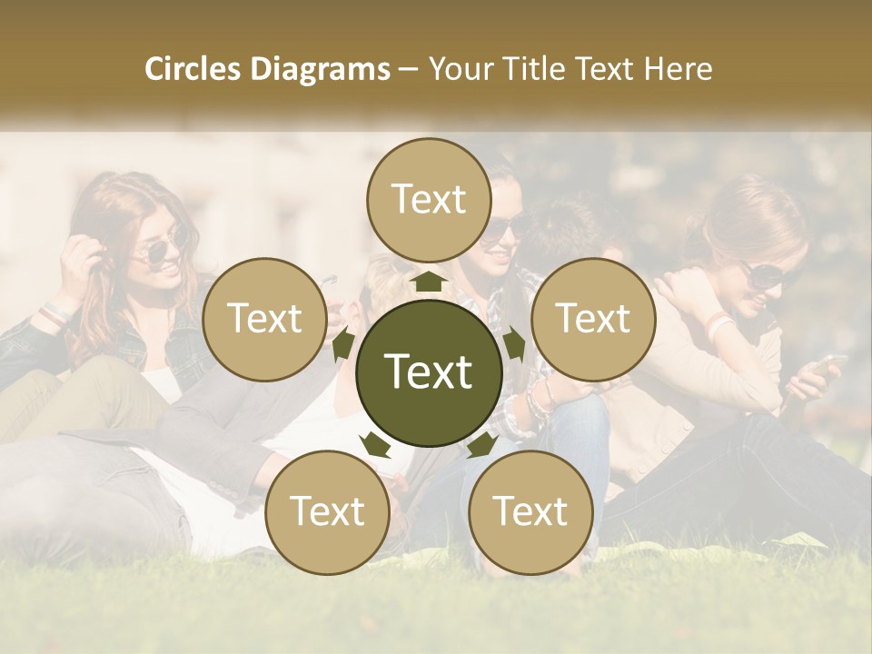 A Group Of People Sitting On The Grass Looking At Their Cell Phones PowerPoint Template