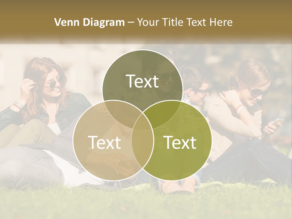 A Group Of People Sitting On The Grass Looking At Their Cell Phones PowerPoint Template