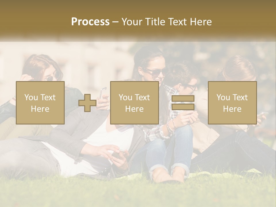 A Group Of People Sitting On The Grass Looking At Their Cell Phones PowerPoint Template