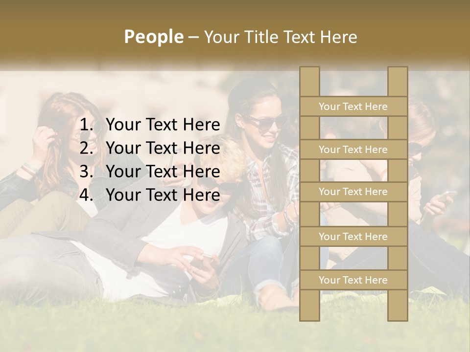 A Group Of People Sitting On The Grass Looking At Their Cell Phones PowerPoint Template