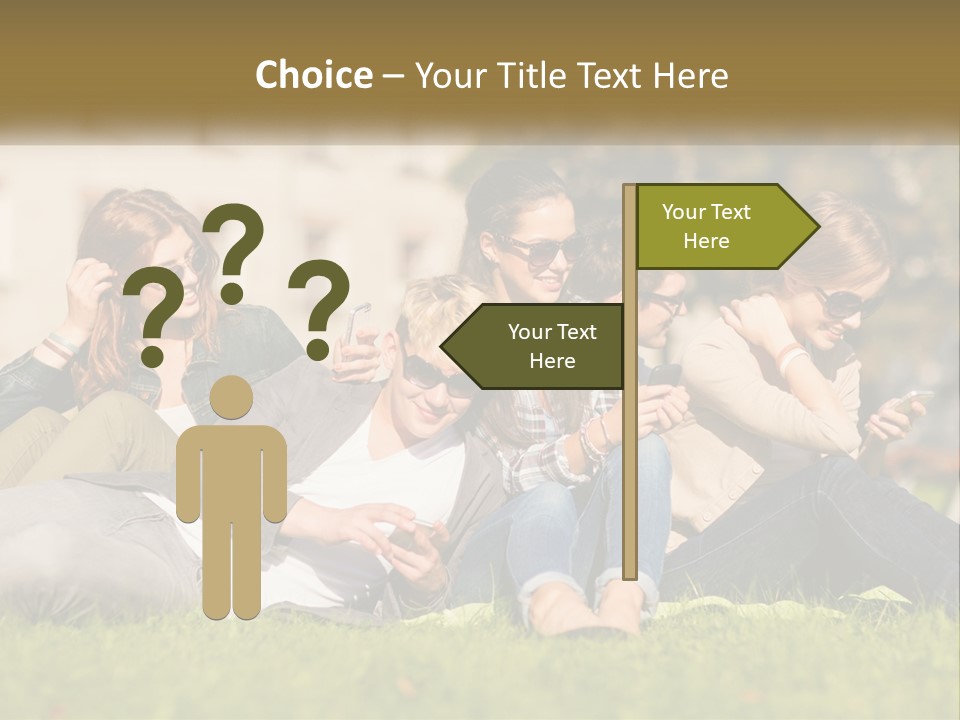 A Group Of People Sitting On The Grass Looking At Their Cell Phones PowerPoint Template