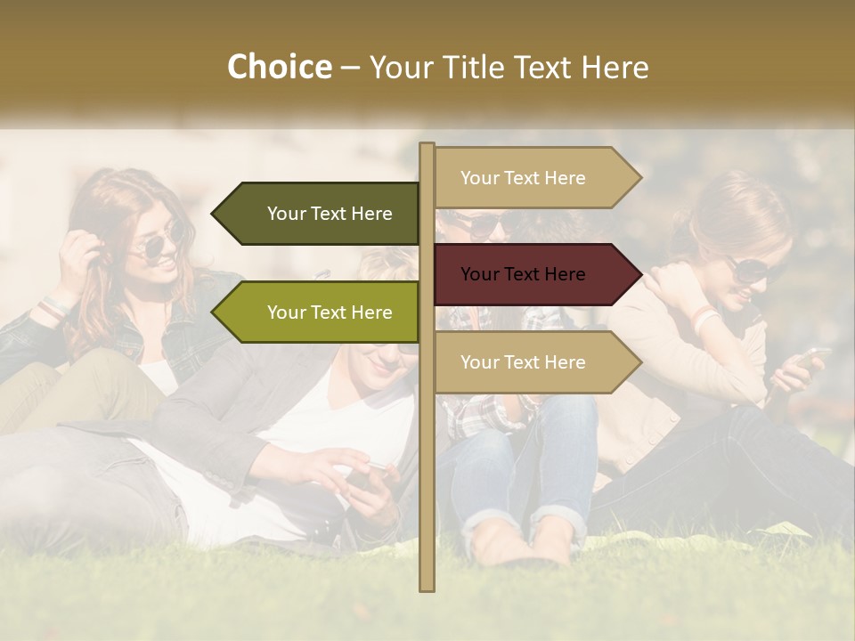 A Group Of People Sitting On The Grass Looking At Their Cell Phones PowerPoint Template