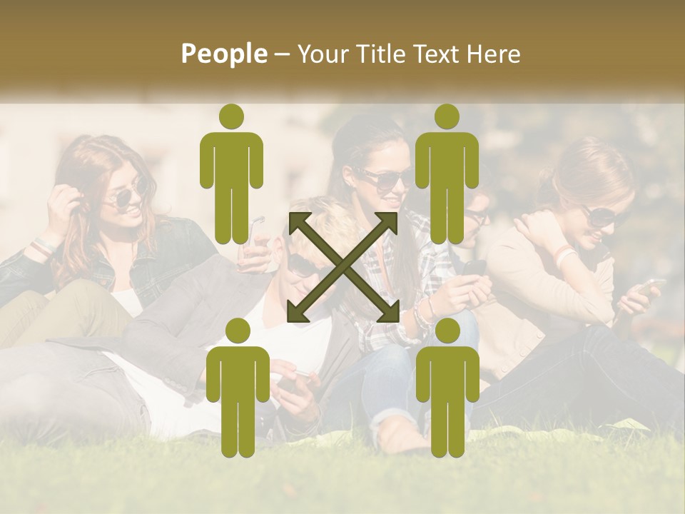 A Group Of People Sitting On The Grass Looking At Their Cell Phones PowerPoint Template