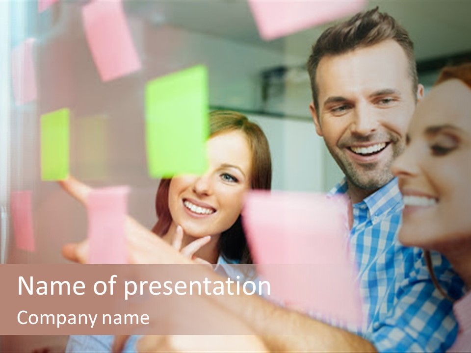 A Man And Woman Are Looking At Sticky Notes PowerPoint Template