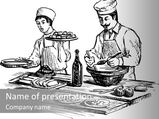 Two Men Preparing Food On A Table With A Bottle Of Wine PowerPoint Template