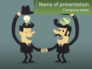 Two Businessmen Shaking Hands With A Light Bulb Above Them PowerPoint Template