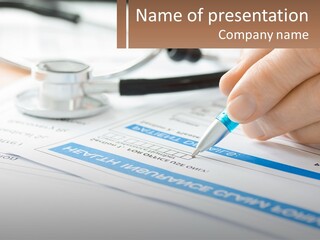 A Person Writing On A Piece Of Paper With A Stethoscope PowerPoint Template