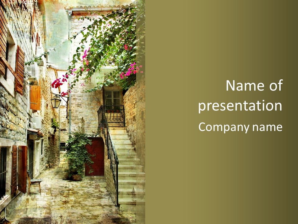 A Painting Of A Narrow Street With Flowers On It PowerPoint Template