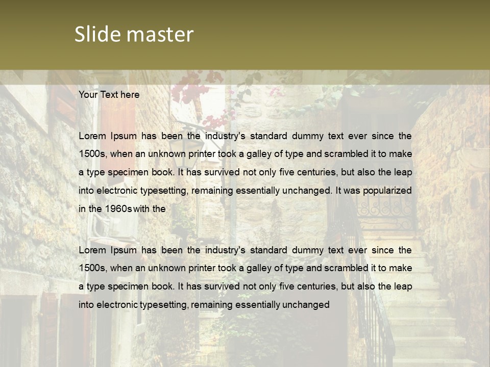 A Painting Of A Narrow Street With Flowers On It PowerPoint Template