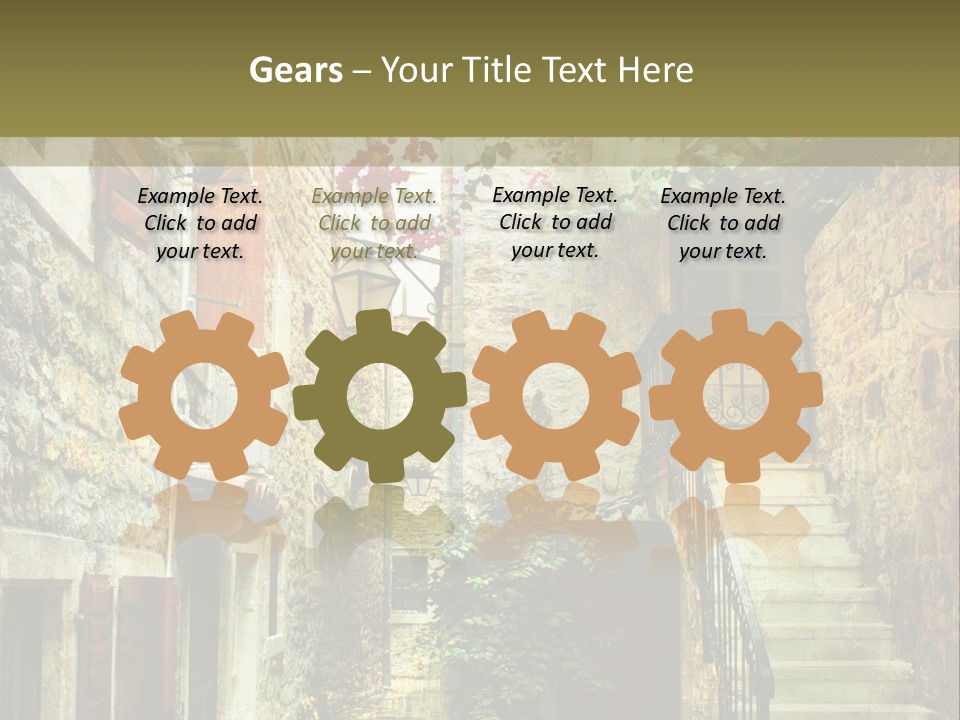 A Painting Of A Narrow Street With Flowers On It PowerPoint Template