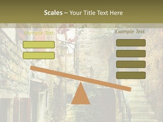 A Painting Of A Narrow Street With Flowers On It PowerPoint Template