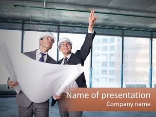 Two Men In Suits And Hardhats Holding A Blueprint Powerpoint Presentation PowerPoint Template
