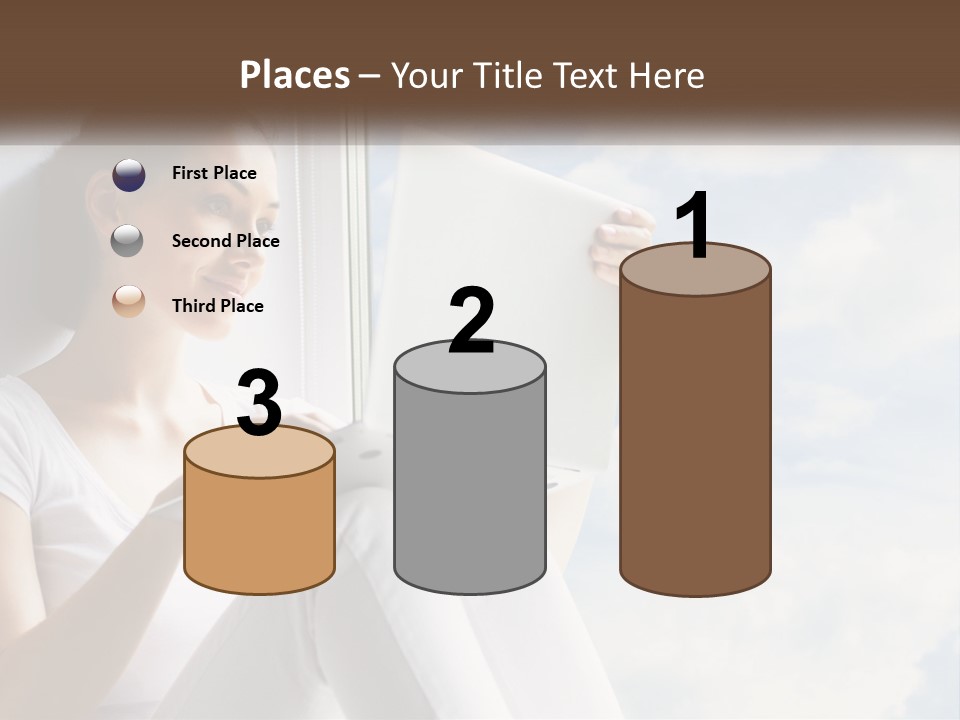 A Woman Sitting On A Window Sill Using A Laptop Computer PowerPoint Template